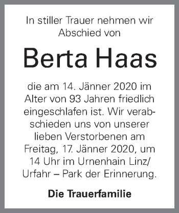 Traueranzeige von Berta Haas von OÖNachrichten