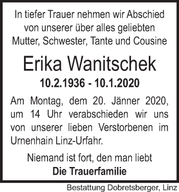 Traueranzeige von Erika Wanitschek von OÖNachrichten