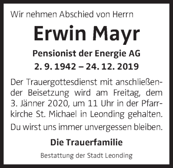 Traueranzeige von Erwin Mayr von OÖNachrichten
