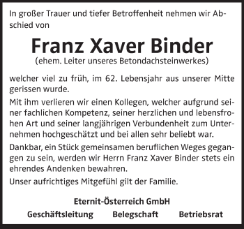 Traueranzeige von Franz Xaver Binder von OÖNachrichten