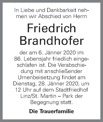 Traueranzeige von Friedrich Brandhofer von OÖNachrichten