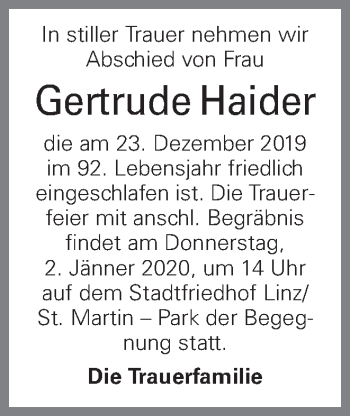 Traueranzeige von Gertrude Haider von OÖNachrichten