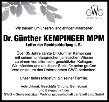 Traueranzeige von Günther Kempinger von OÖNachrichten