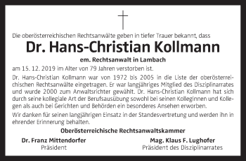 Traueranzeige von Hans-Christian Kollmann von OÖNachrichten