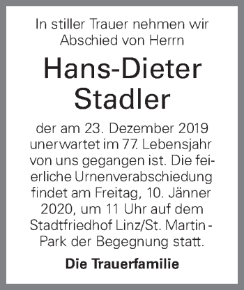 Traueranzeige von Hans-Dieter Stadler von OÖNachrichten