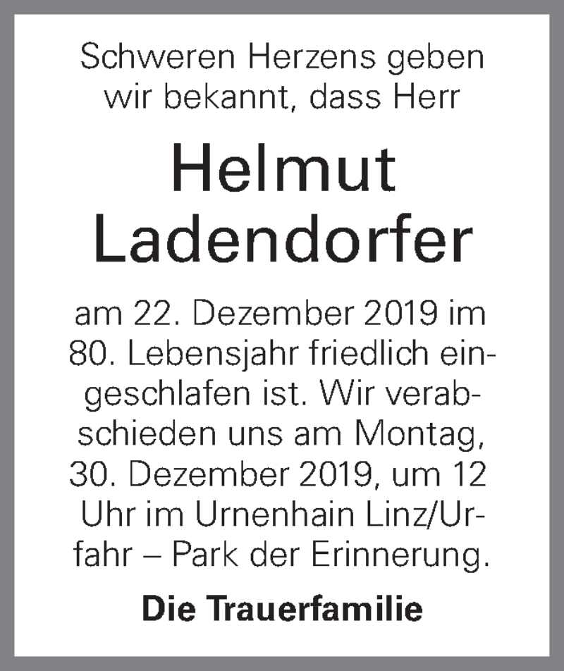  Traueranzeige für Helmut Ladendorfer vom 31.12.2019 aus OÖNachrichten