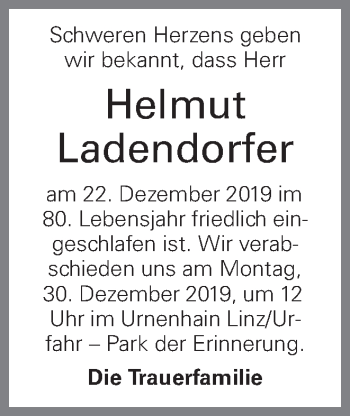 Traueranzeige von Helmut Ladendorfer von OÖNachrichten