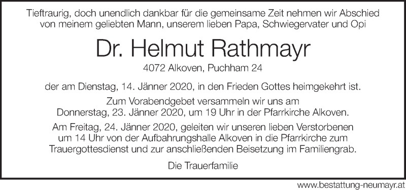  Traueranzeige für Helmut Rathmayr vom 18.01.2020 aus OÖNachrichten
