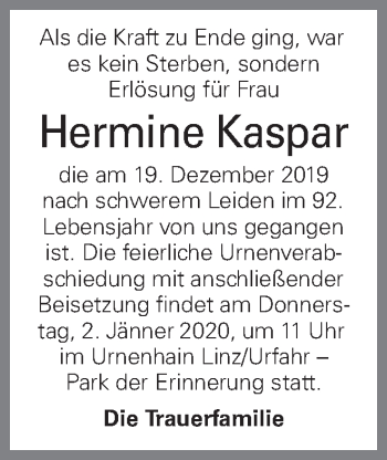 Traueranzeige von Hermine Kaspar von OÖNachrichten