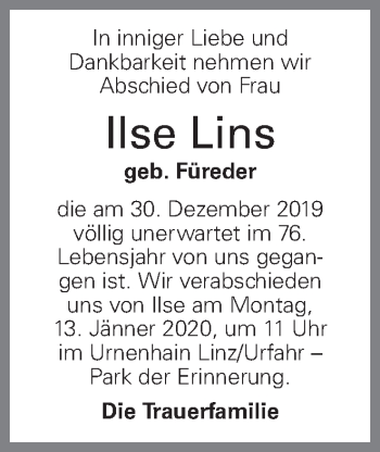 Traueranzeige von Ilse Lins von OÖNachrichten