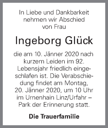 Traueranzeige von Ingeborg Glück von OÖNachrichten