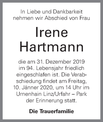 Traueranzeige von Irene Hartmann von OÖNachrichten