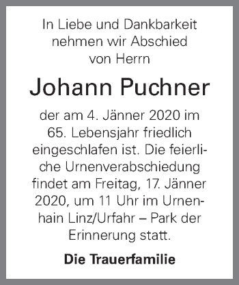 Traueranzeige von Johann Puchner von OÖNachrichten