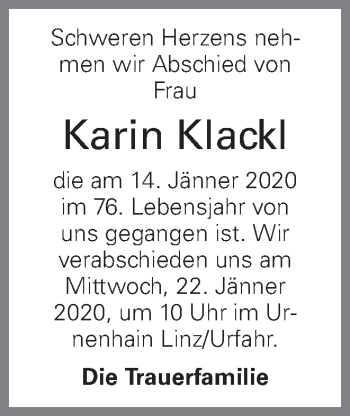 Traueranzeige von Karin Klackl von OÖNachrichten
