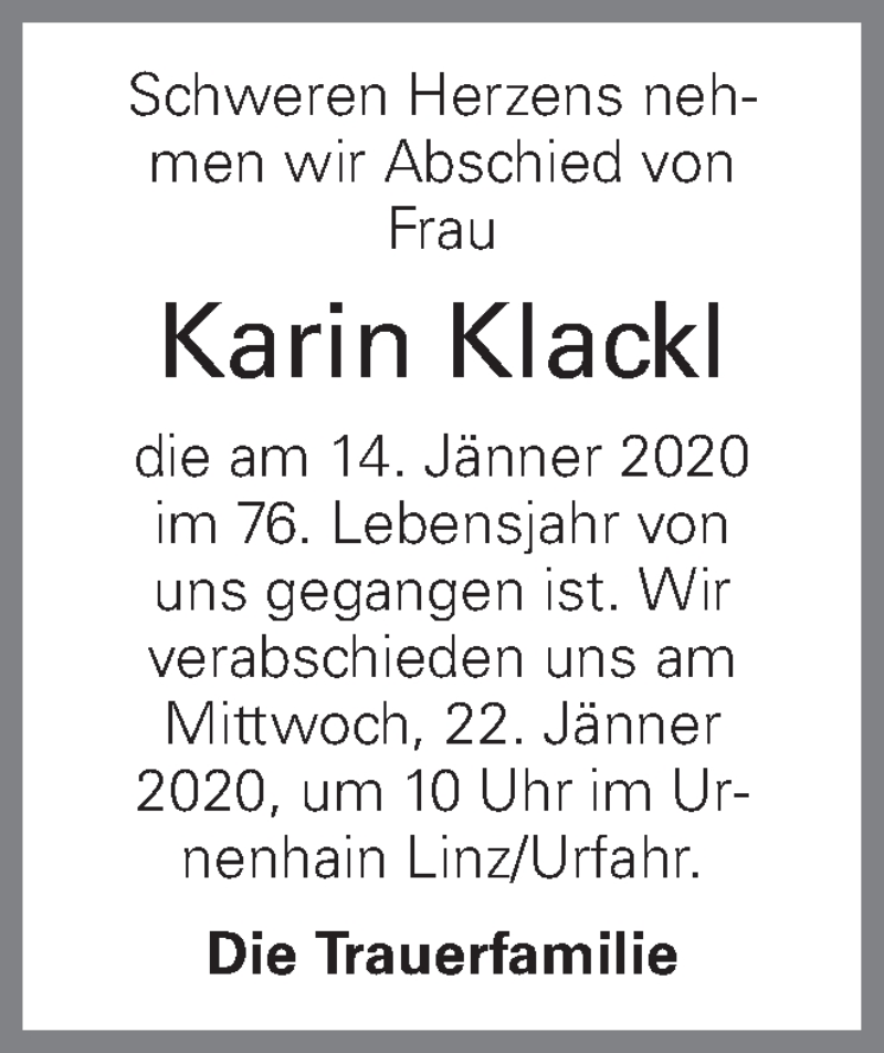  Traueranzeige für Karin Klackl vom 18.01.2020 aus OÖNachrichten