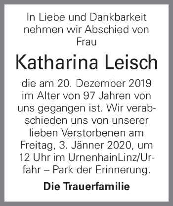 Traueranzeige von Katharina Leisch von OÖNachrichten