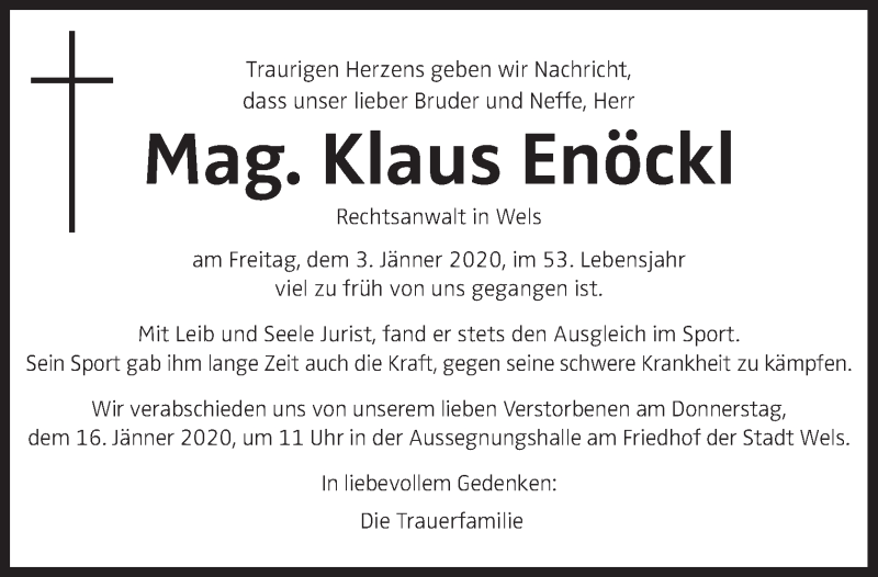 Traueranzeige für Klaus Enöckl vom 11.01.2020 aus OÖNachrichten