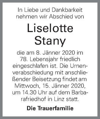 Traueranzeige von Liselotte Stany von OÖNachrichten
