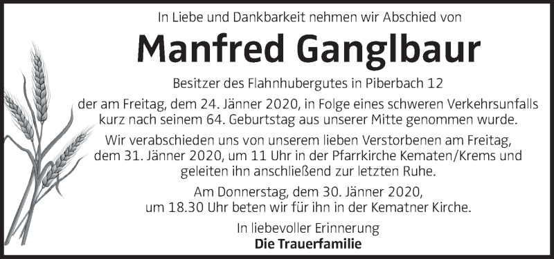  Traueranzeige für Manfred Ganglbaur vom 29.01.2020 aus OÖNachrichten
