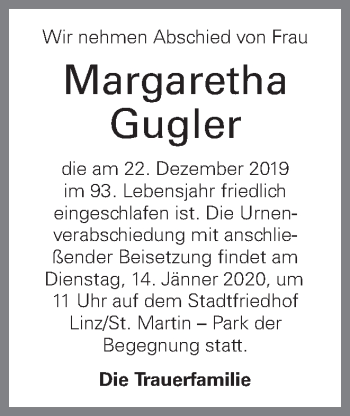 Traueranzeige von Margaretha Gugler von OÖNachrichten