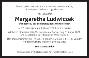 Traueranzeige von Margaretha Ludwiczek von OÖNachrichten