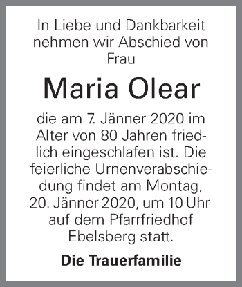 Traueranzeige von Maria Olear von OÖNachrichten