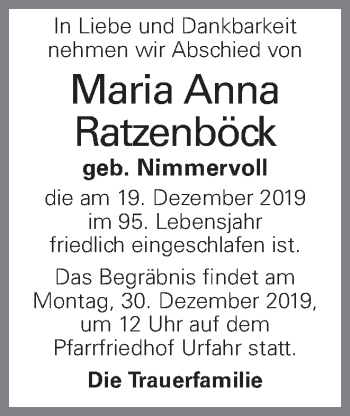Traueranzeige von Maria Anna Ratzenböck von OÖNachrichten