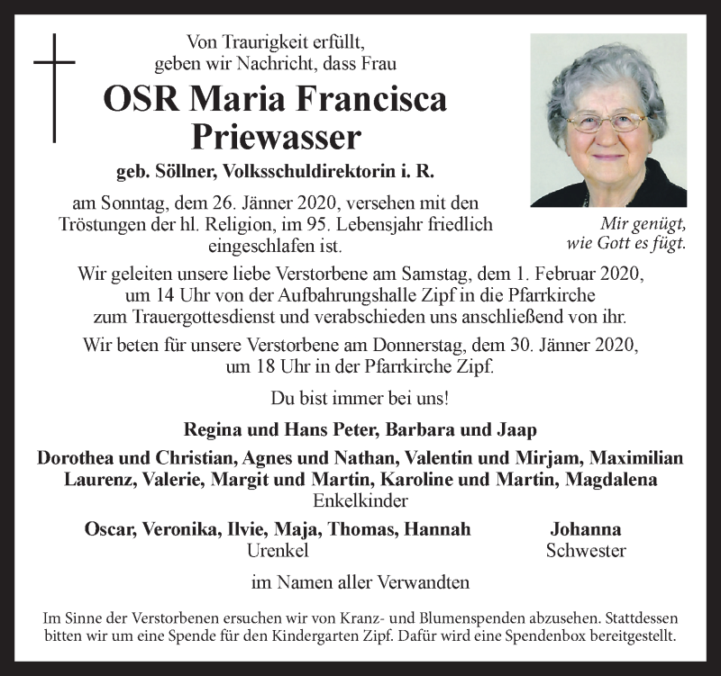 Traueranzeige für Maria Francisca Priewasser vom 29.01.2020 aus OÖNachrichten