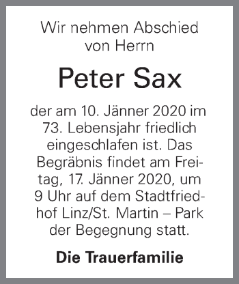 Traueranzeige von Peter Sax von OÖNachrichten