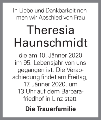 Traueranzeige von Theresia Haunschmidt von OÖNachrichten