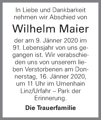 Traueranzeige von Wilhelm Maier von OÖNachrichten