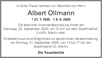 Traueranzeige von Albert Ollmann von OÖNachrichten