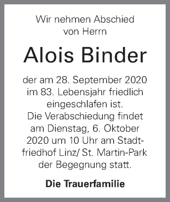 Traueranzeige von Alois Binder von OÖNachrichten