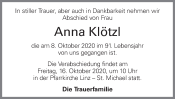 Traueranzeige von Anna Klötzl von OÖNachrichten