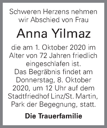 Traueranzeige von Anna Yilmaz von OÖNachrichten