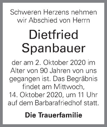 Traueranzeige von Dietfried Spanbauer von OÖNachrichten