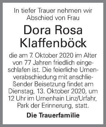 Traueranzeige von Dora Rosa Klaffenböck von OÖNachrichten