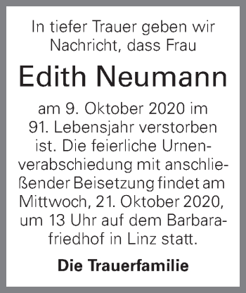 Traueranzeige von Edith Neumann von OÖNachrichten