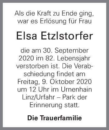 Traueranzeige von Elsa Etzlstorfer von OÖNachrichten