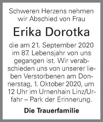 Traueranzeige von Erika Dorotka von OÖNachrichten