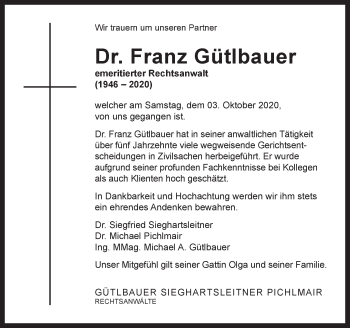 Traueranzeige von Franz Gütlbauer von OÖNachrichten
