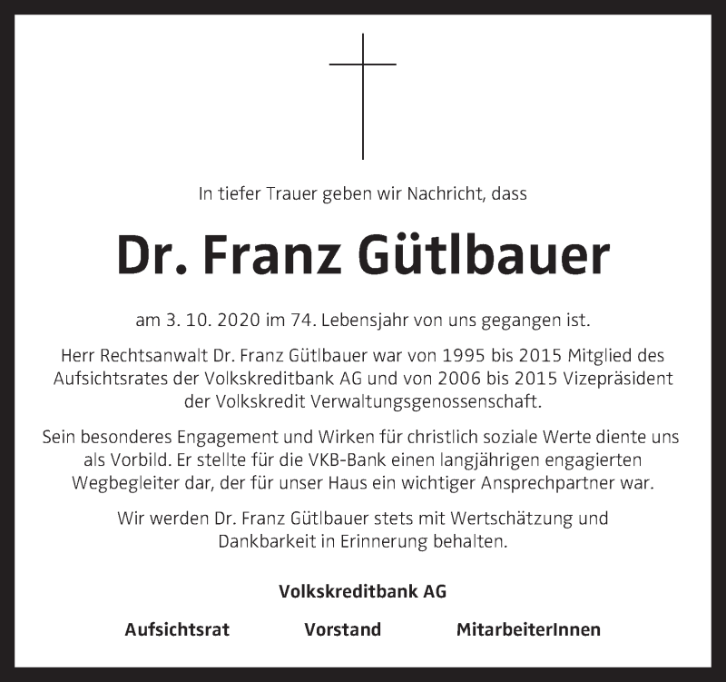  Traueranzeige für Franz Gütlbauer vom 07.10.2020 aus OÖNachrichten