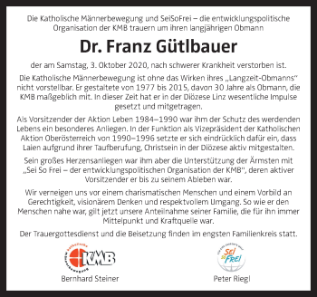 Traueranzeige von Franz Gütlbauer von OÖNachrichten