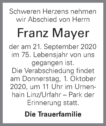 Traueranzeige von Franz Mayer von OÖNachrichten