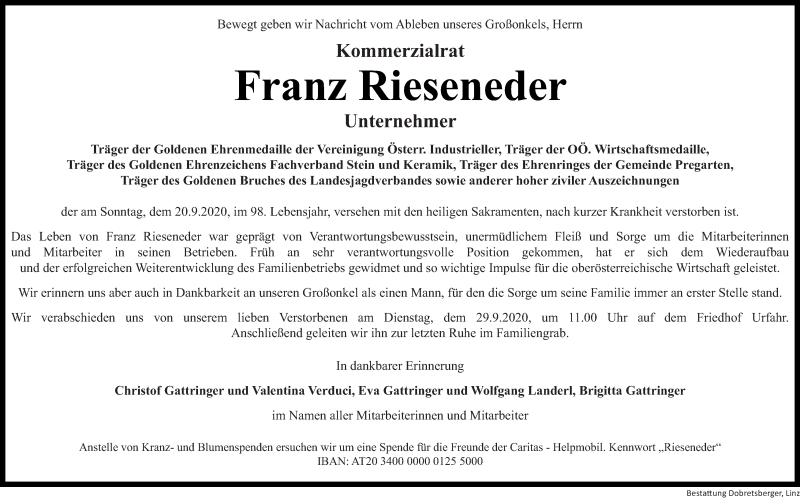  Traueranzeige für Franz Rieseneder vom 26.09.2020 aus OÖNachrichten