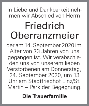 Traueranzeige von Friedrich Oberranzmeier von OÖNachrichten