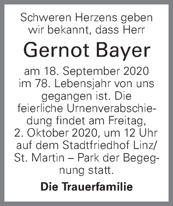 Traueranzeige von Gernot Bayer von OÖNachrichten