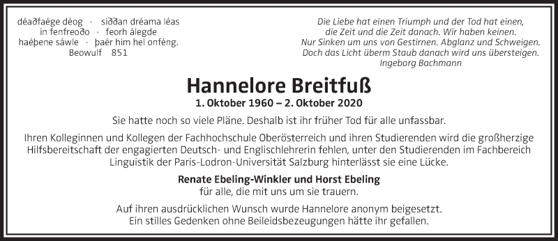  Traueranzeige für Hannelore Breitfuß vom 24.10.2020 aus OÖNachrichten