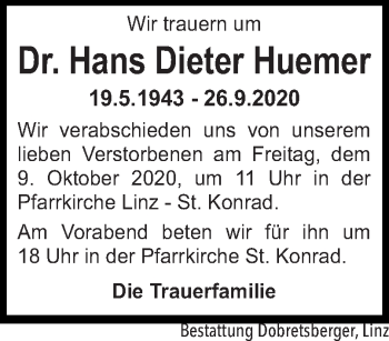 Traueranzeige von Hans Dieter Huemer von OÖNachrichten