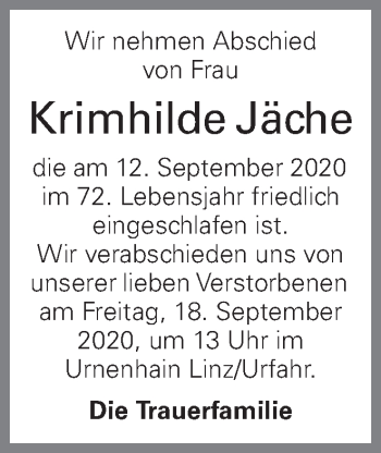 Traueranzeige von Krimhilde Jäche von OÖNachrichten